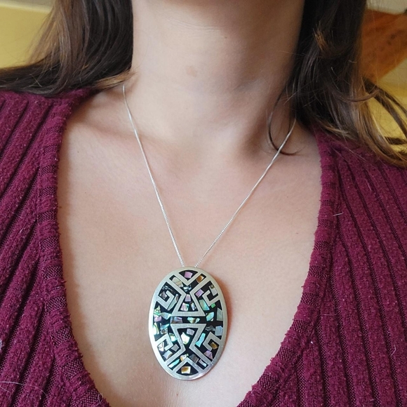 Vintage Mexican Alpaca Handmade Abalone Mother of Pearl Necklace & Brooch Pin - Picture 6 of 8